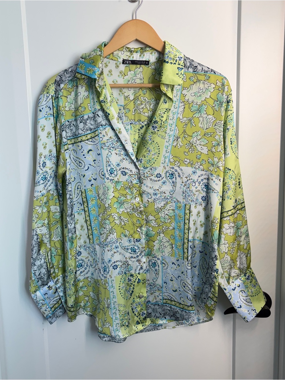 Zara Lime Green and Light Blue Patchwork Floral Button-Down Shirt